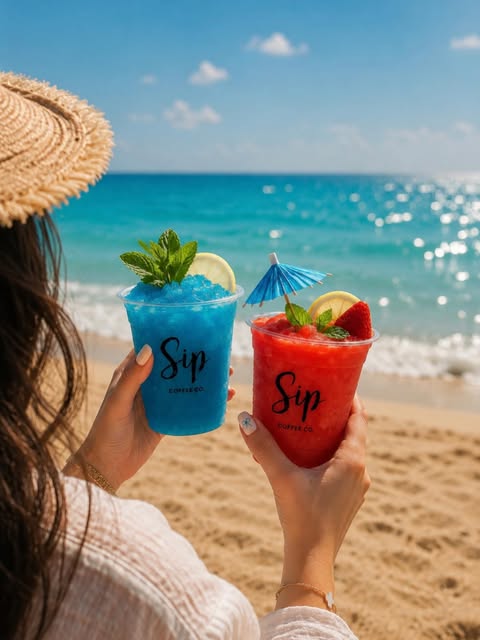 Colourful Sip drinks by the sea