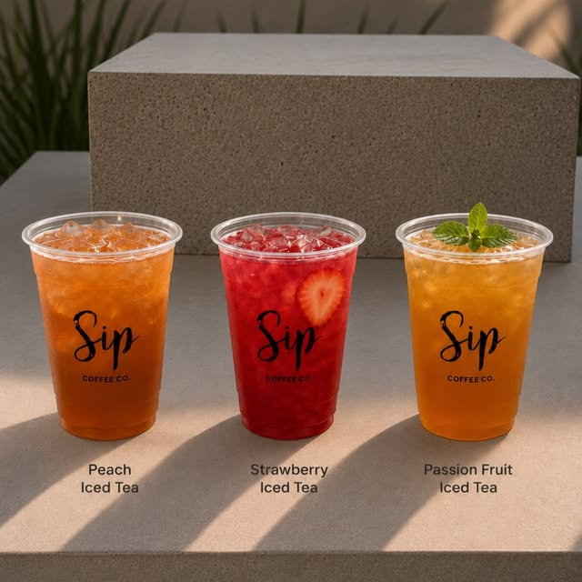 Peach, strawberry and passion fruit iced teas in signature Sip cups